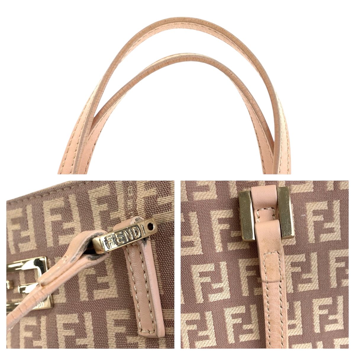 Fendi Zucca Pattern Pink Salmon Gold Canvas Leather Tote — view 6