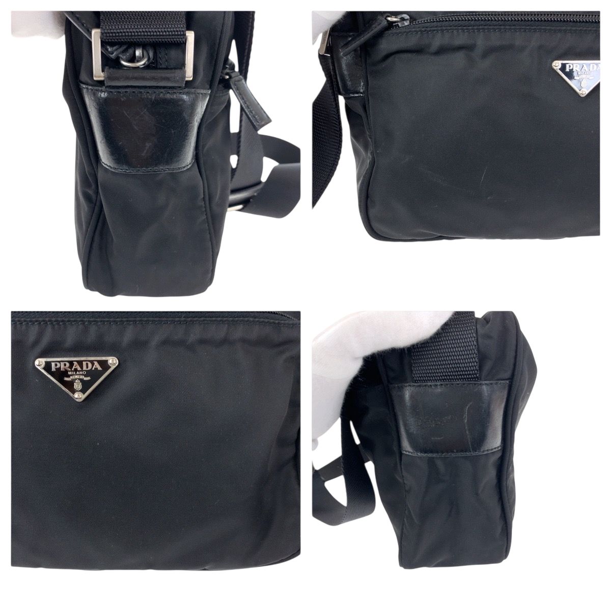 Prada Tessuto Black Silver Nylon Shoulder Back — view 5