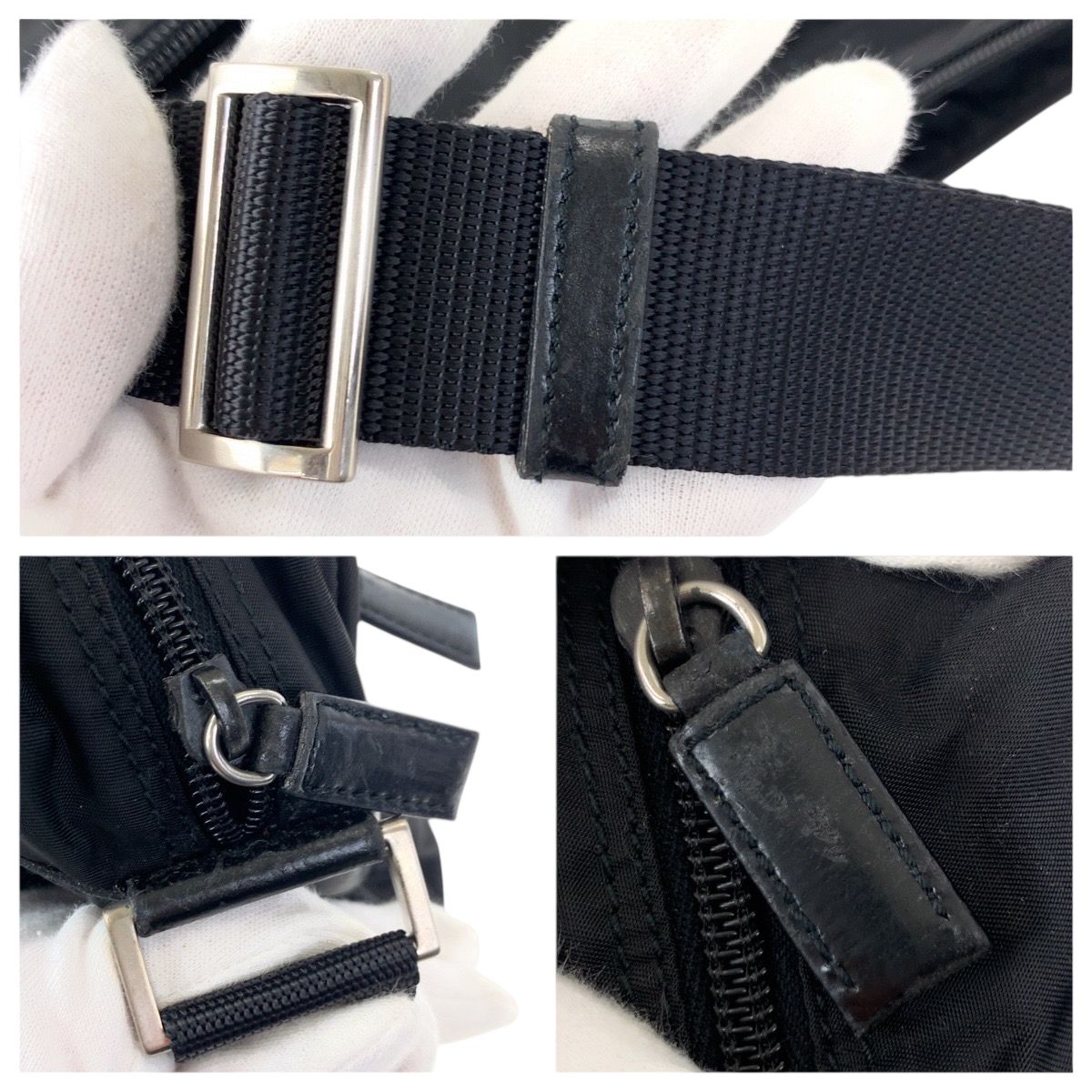 Prada Tessuto Black Silver Nylon Shoulder Back — view 6