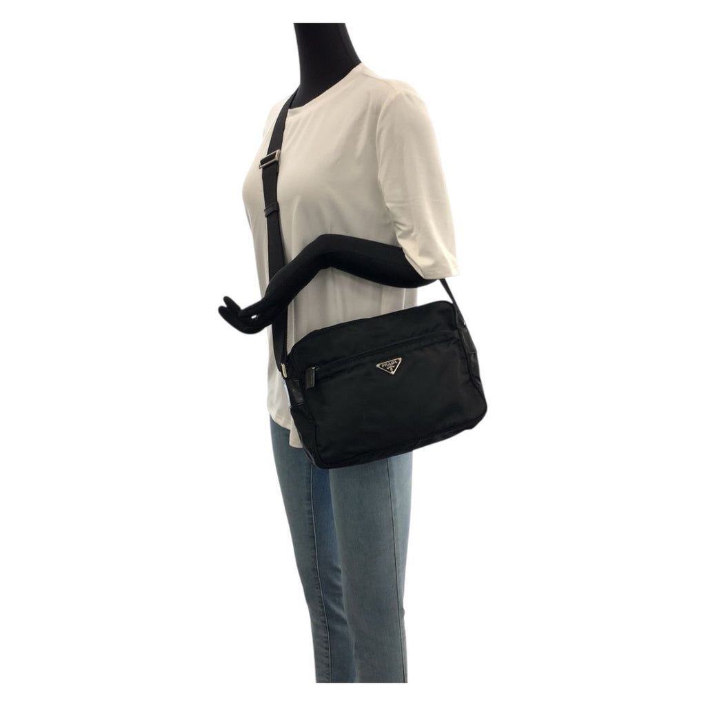 Prada Tessuto Black Silver Nylon Shoulder Back — view 7