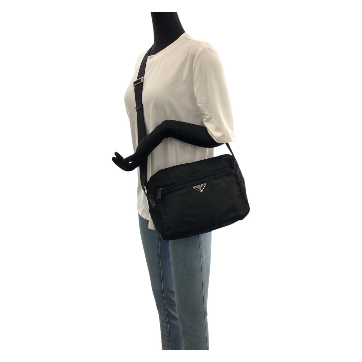 Prada Tessuto Black Silver Nylon Shoulder Back — view 7