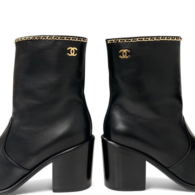 Chanel Short Boots Shoes Leather Fabric Black Gold CC Logo Chain — view 9
