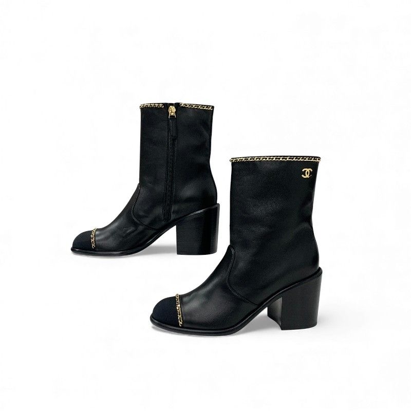 Chanel Short Boots Shoes Leather Fabric Black Gold CC Logo Chain — view 3