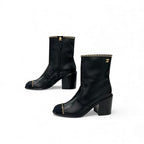 Chanel Short Boots Shoes Leather Fabric Black Gold CC Logo Chain — view 3