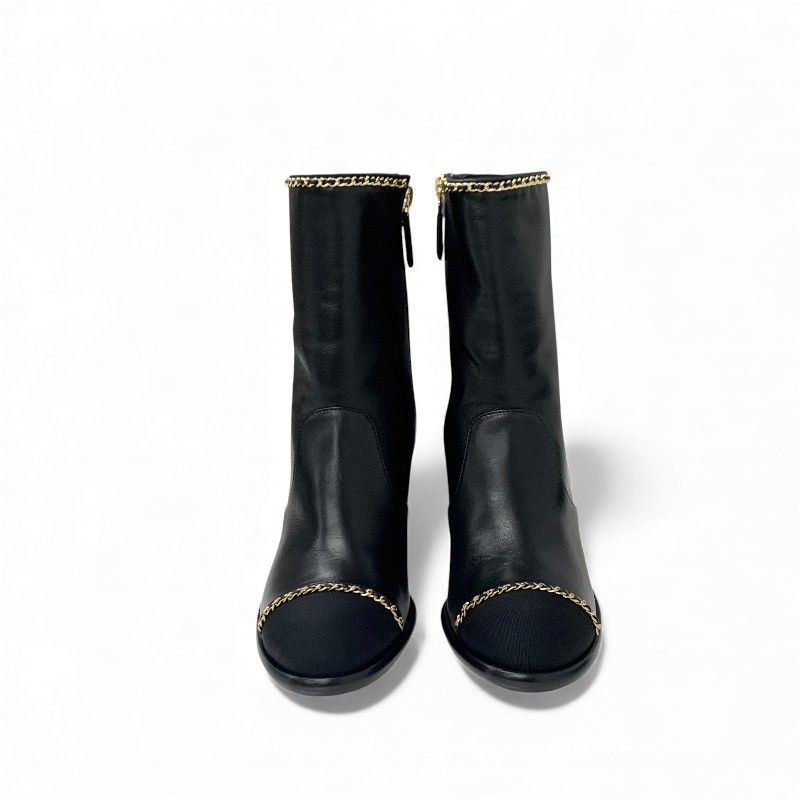 Chanel Short Boots Shoes Leather Fabric Black Gold CC Logo Chain — view 2