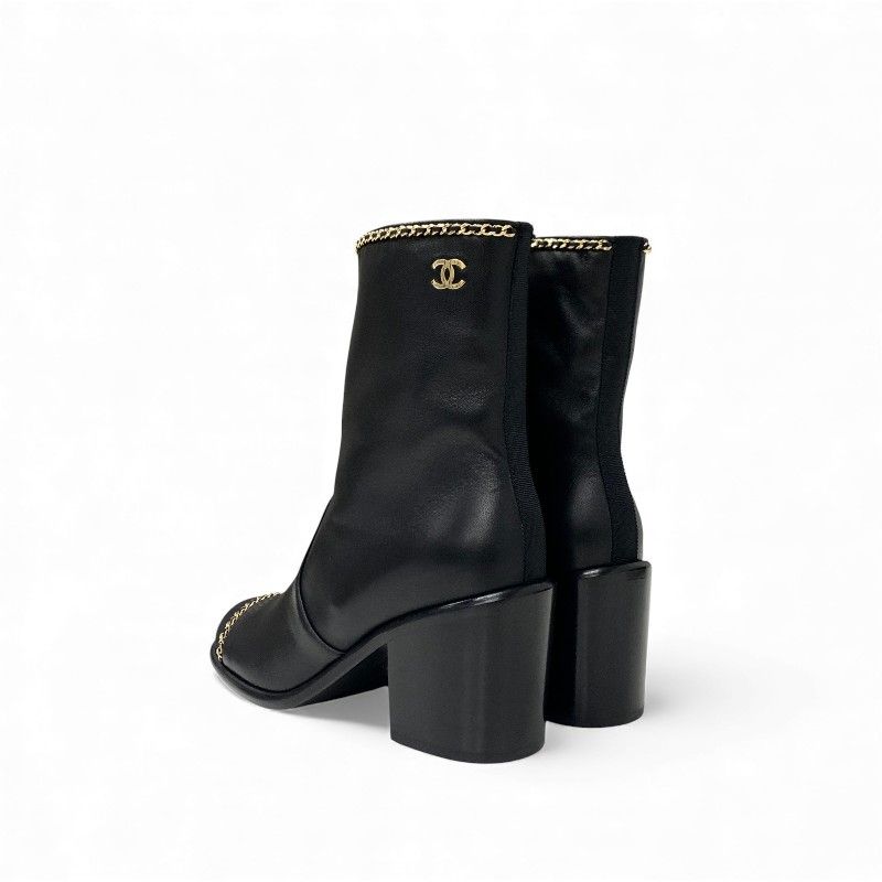 Chanel Short Boots Shoes Leather Fabric Black Gold CC Logo Chain — view 4