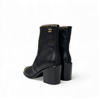 Chanel Short Boots Shoes Leather Fabric Black Gold CC Logo Chain — view 4