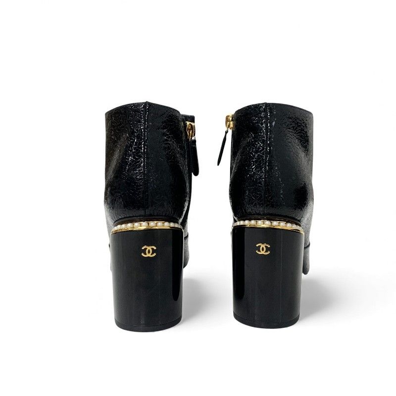 Chanel Short Boots Shoes Leather Fabric Black Gold CC Logo Pearl — view 5