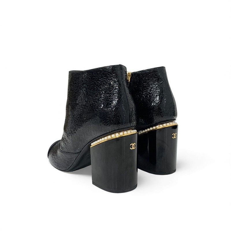 Chanel Short Boots Shoes Leather Fabric Black Gold CC Logo Pearl — view 4