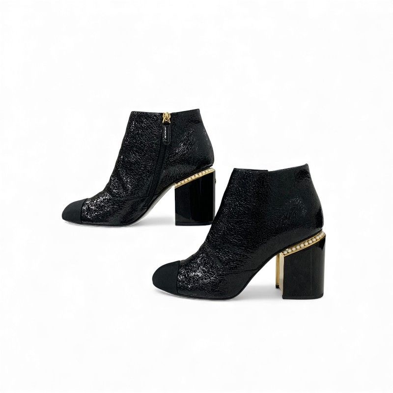 Chanel Short Boots Shoes Leather Fabric Black Gold CC Logo Pearl — view 3
