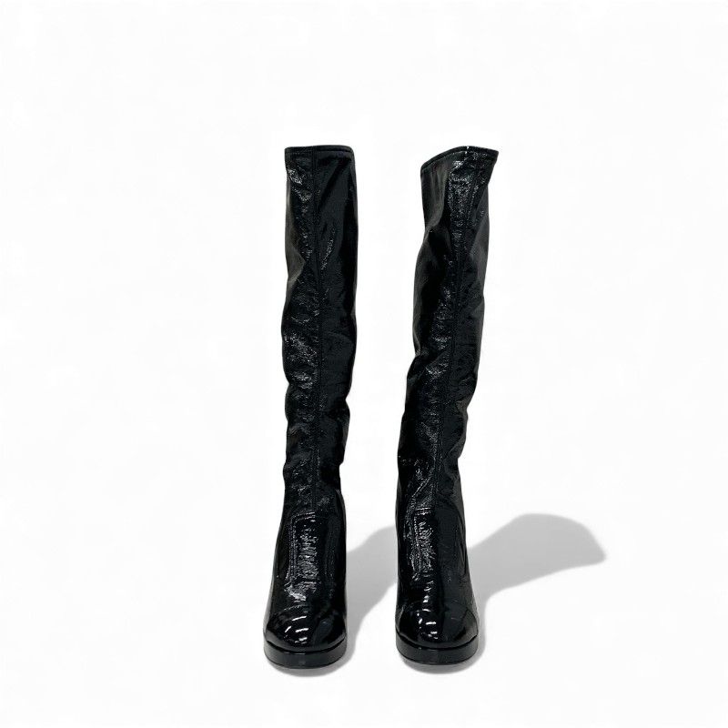 Chanel Boots Long Shoes Patent Leather Black Gold CC Logo Wrinkle — view 2