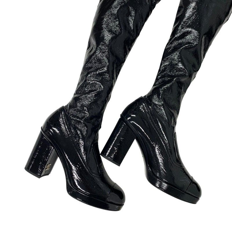 Chanel Boots Long Shoes Patent Leather Black Gold CC Logo Wrinkle — view 9