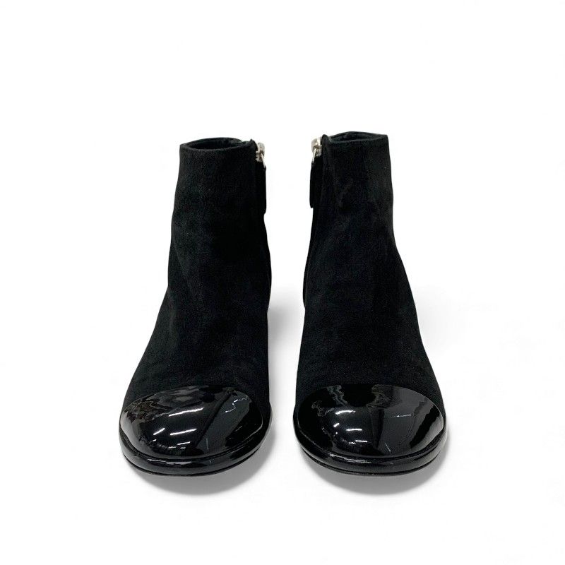 Chanel Short Boots Shoes Suede Patent Black Silver CC Logo Charm Ankle — view 2