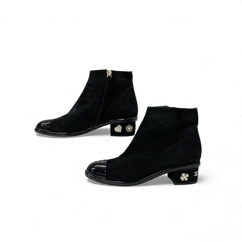 Chanel Short Boots Shoes Suede Patent Black Silver CC Logo Charm Ankle — view 3