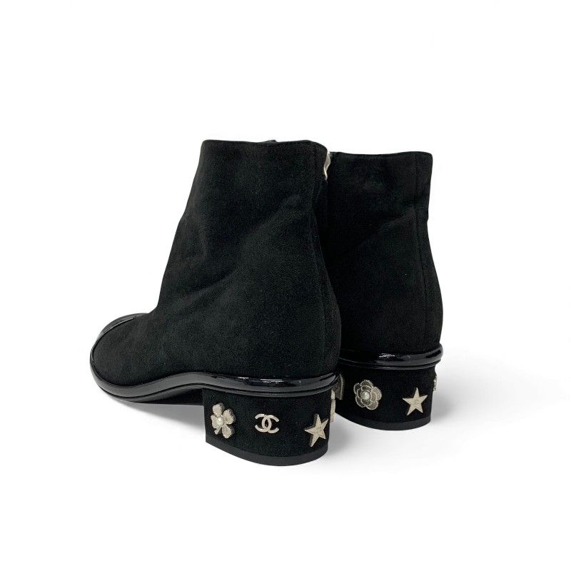 Chanel Short Boots Shoes Suede Patent Black Silver CC Logo Charm Ankle — view 4