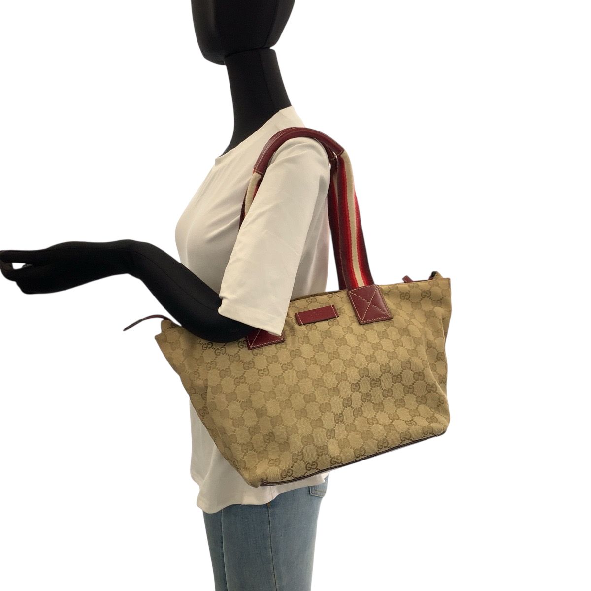 Gucci Sherry Line Brown Beige Red GG Canvas Leather Shoulder Bag Tote — view 7
