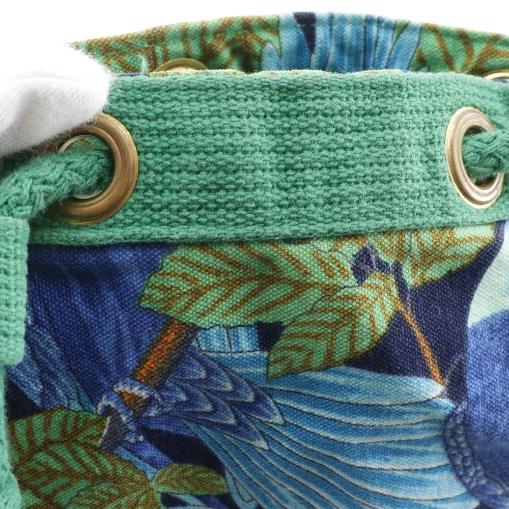 Hermes Drawstring Botanical Pattern Bird Cotton Green — view 9