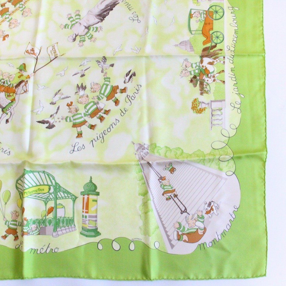 Hermes Carre 90 Scarf les Triples de Paris Mischievous Triplets Silk Green — view 5