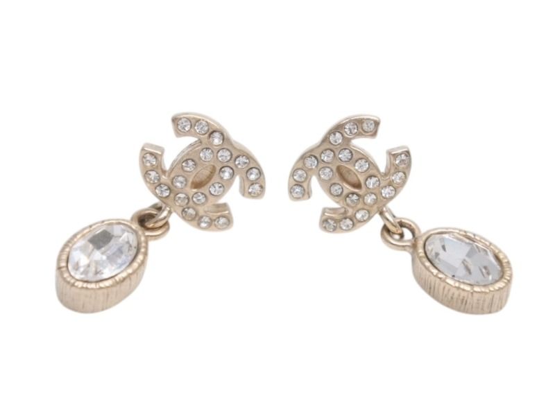 Chanel CC Logo Drop Earrings Dangle 09 Metal Rhinestone Silver