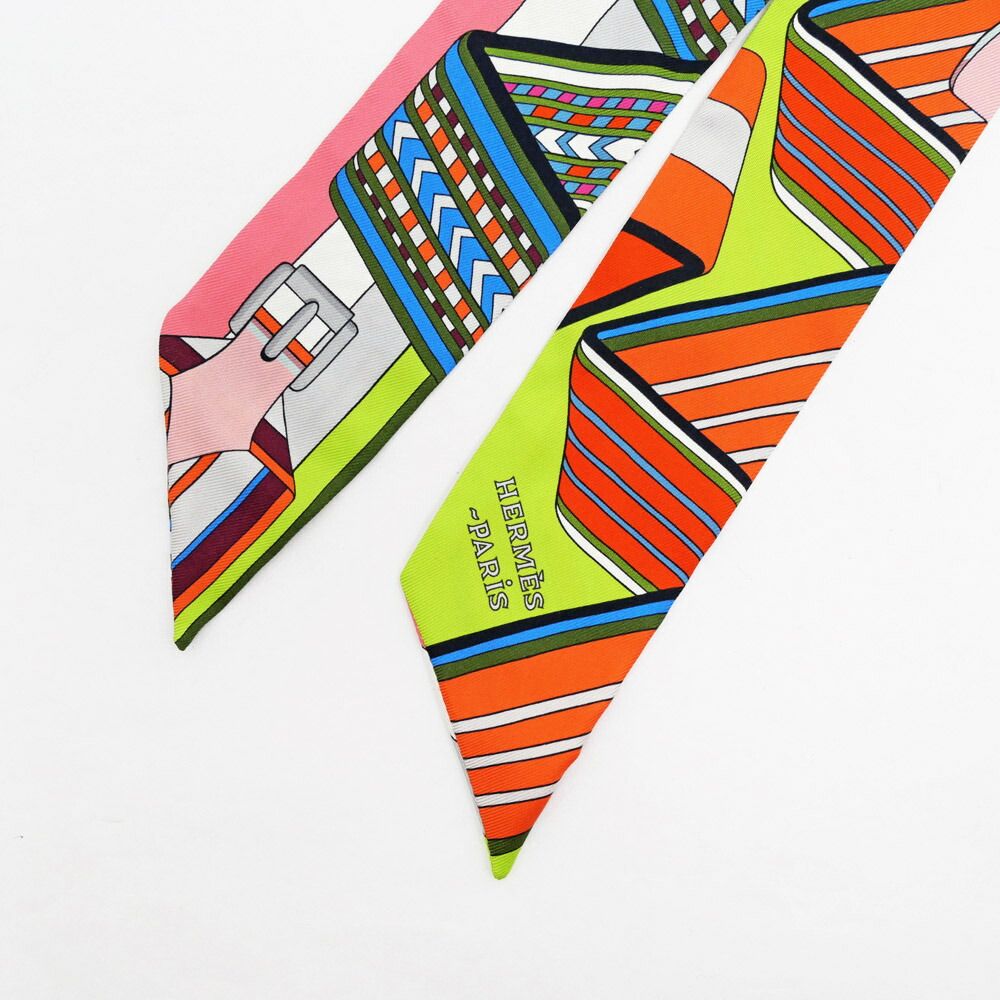 Hermes Twilly Belt Pattern Green Multicolor Silk Scarf — view 3
