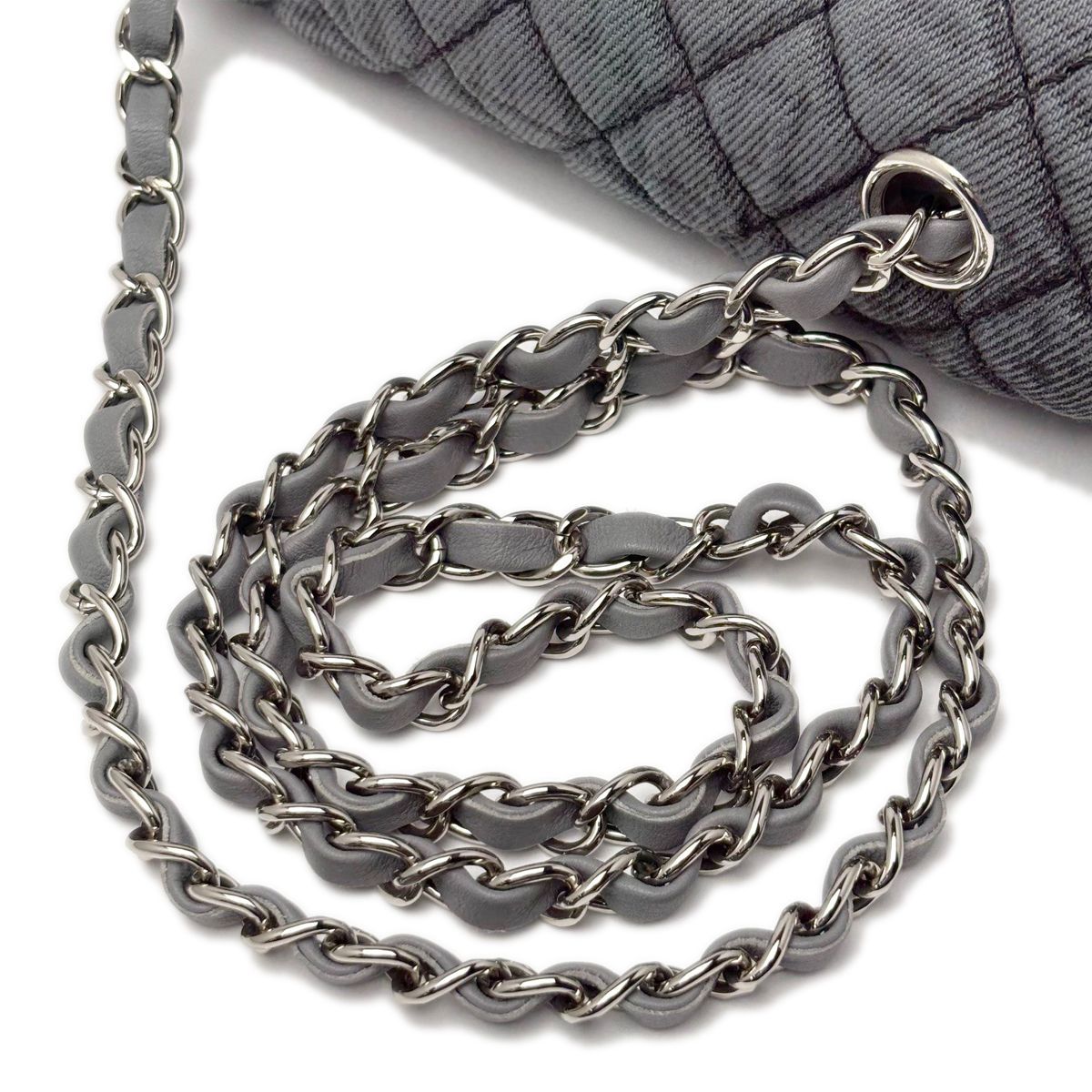 Chanel Bag Quilted Chain Shoulder Washed Denim Black Gray Silver — view 8