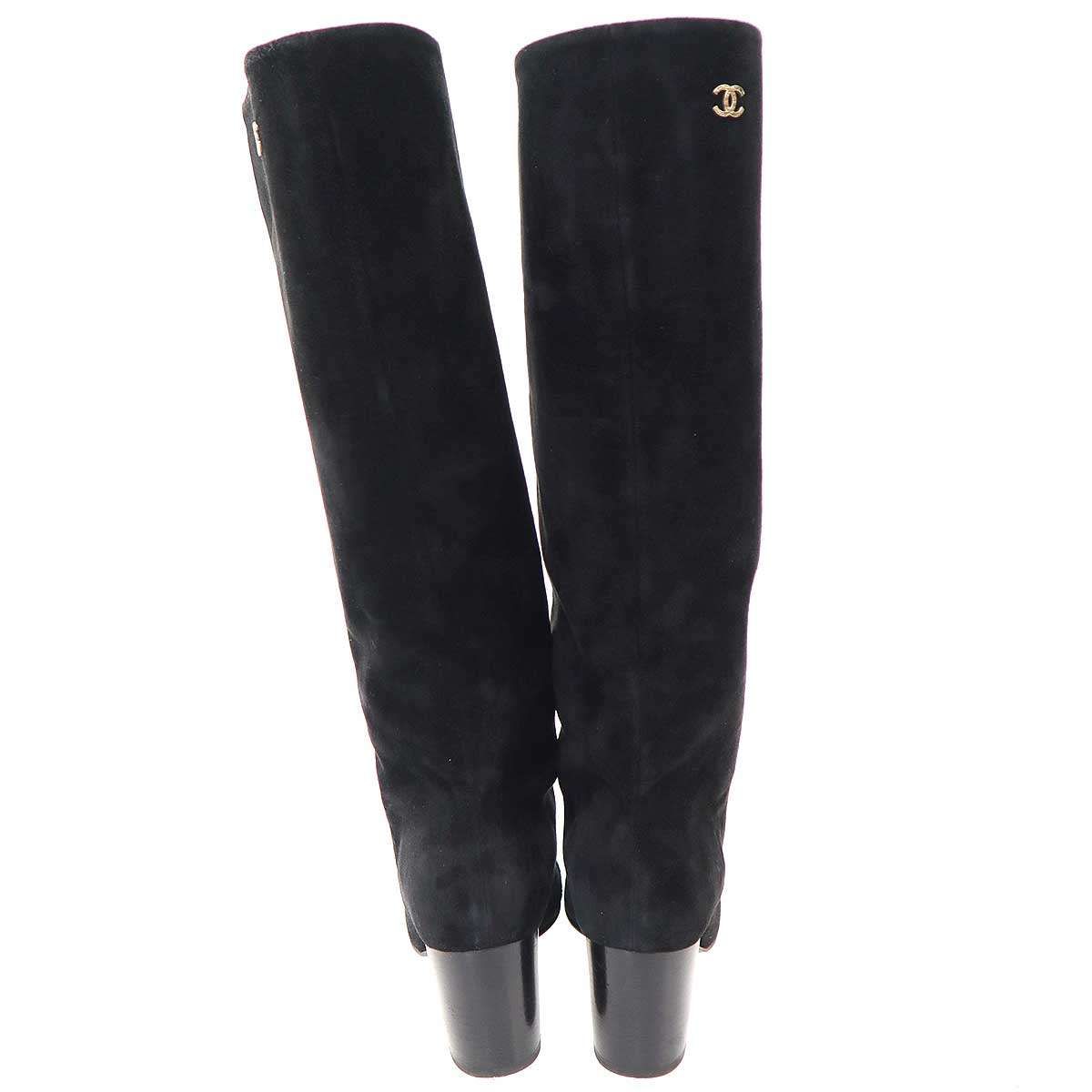 Chanel CC Logo Suede Leather Long Boots Black 37 — view 3