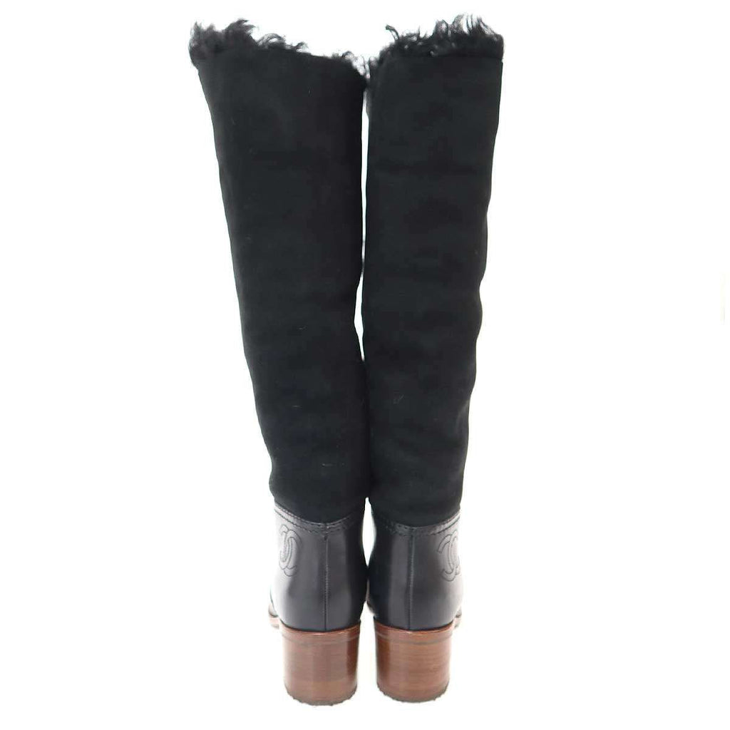 Chanel CC Logo Mouton Leather Long Boots Black 37 — view 3