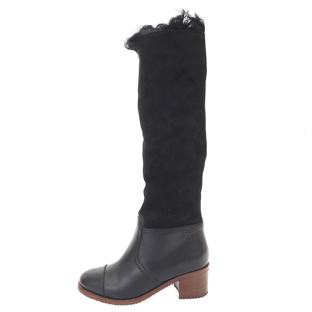 Chanel CC Logo Mouton Leather Long Boots Black 37 — view 2