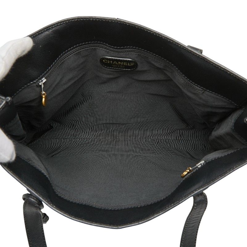 Chanel Logo Charm Tote Shoulder Bag Black Caviar Leather — view 8