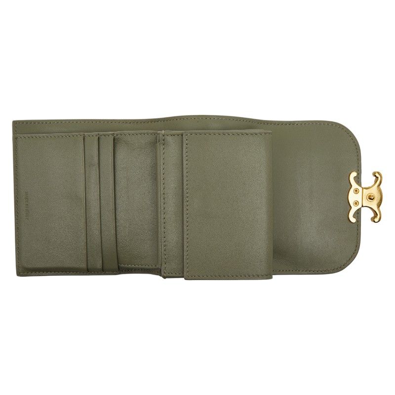 Celine Triomphe Compact Wallet Trifold Golden Khaki Green Leather — view 4