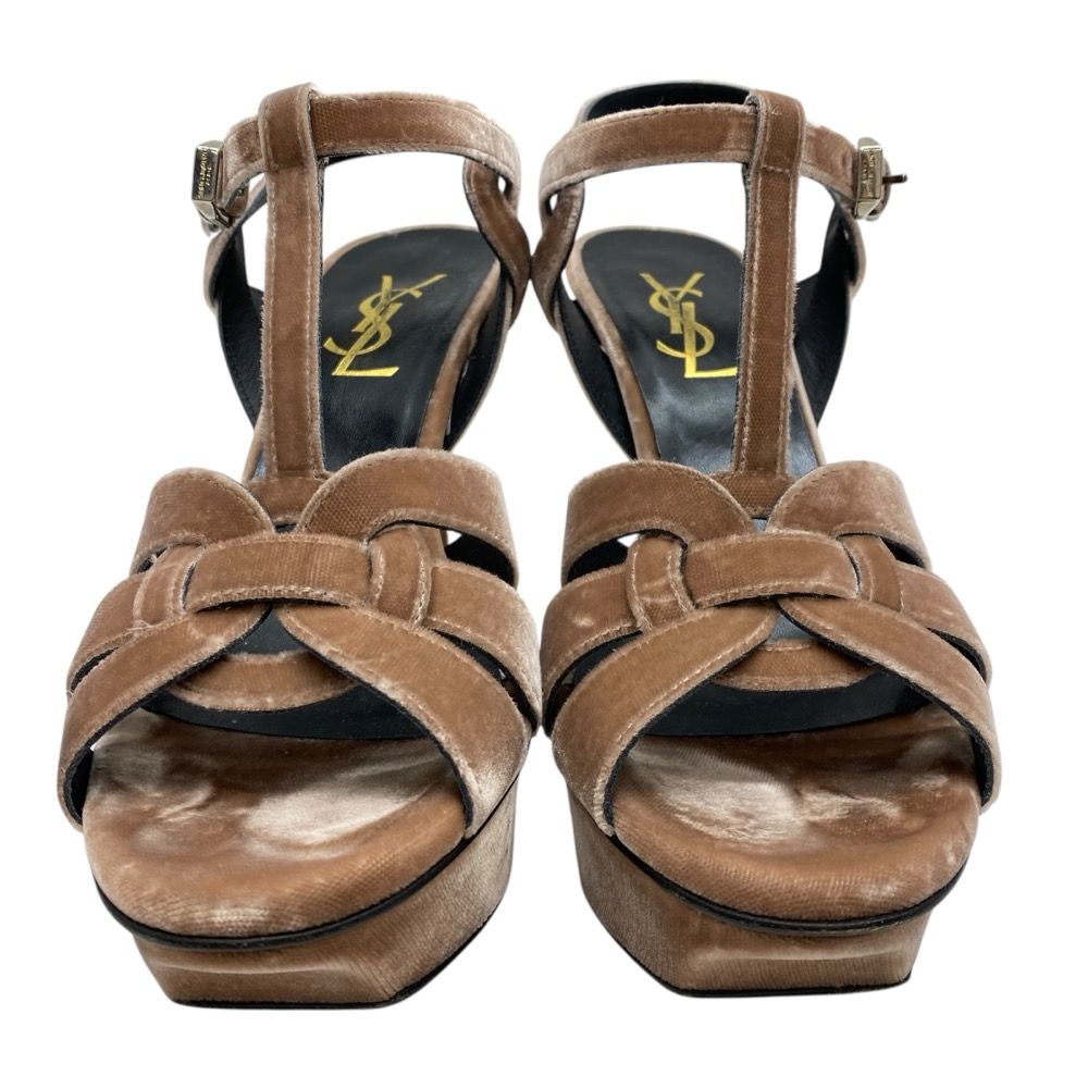 Saint Laurent Tribute Platform Sandals Shoes Leather Velvet Pink Beige — view 2