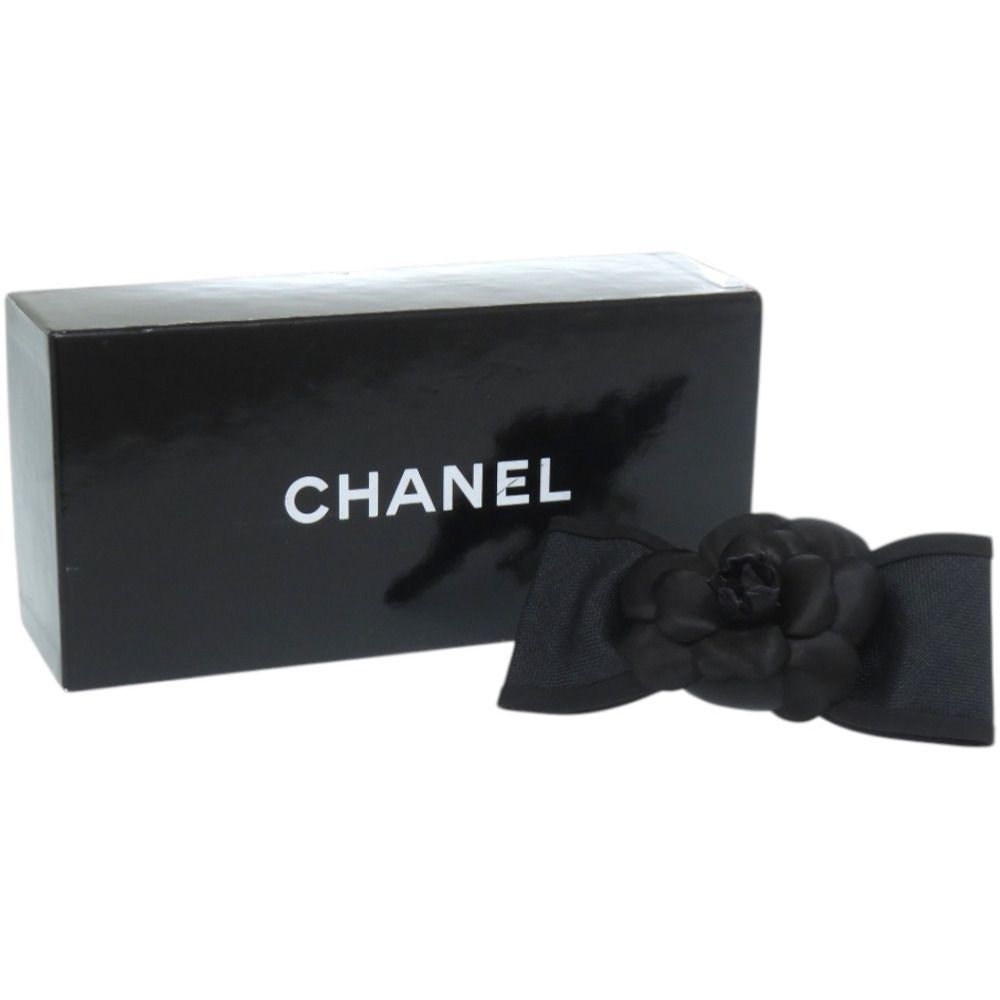Chanel Ribbon Camellia Canvas Satin Black Barrette — view 2