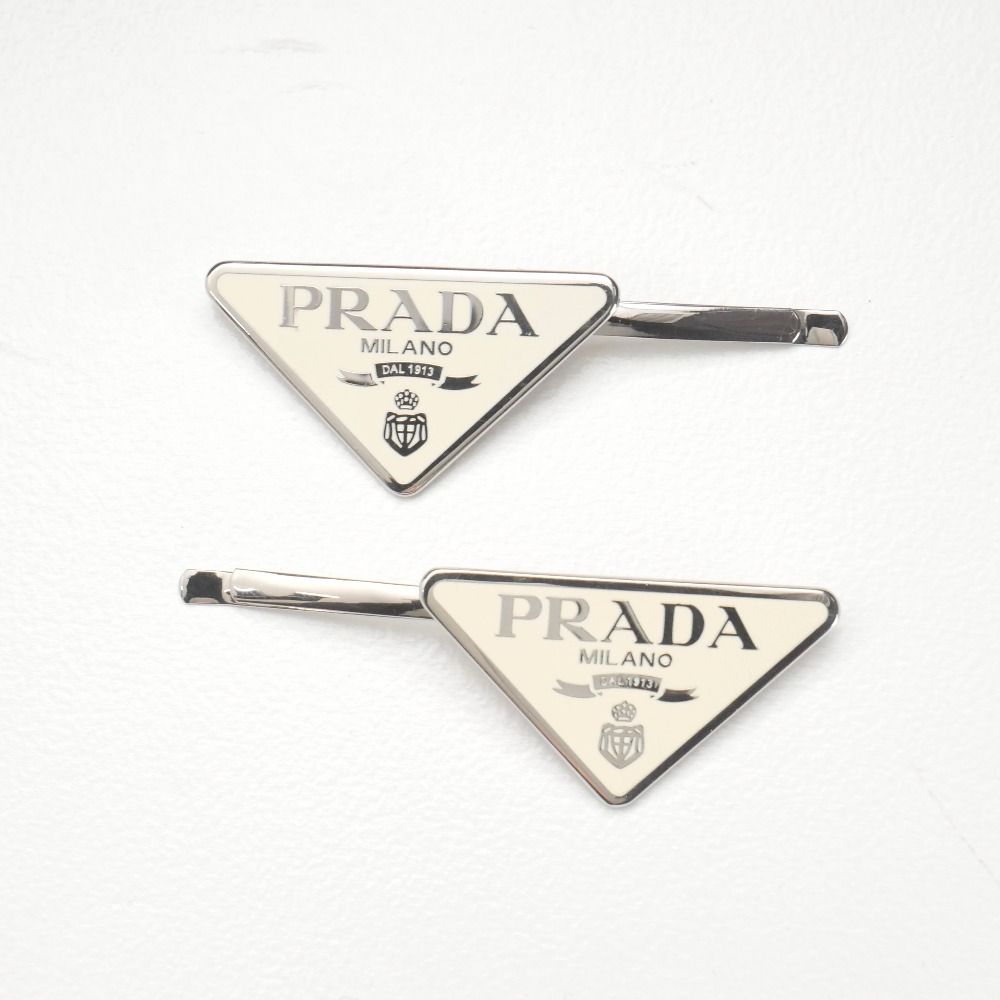 Prada Hair Triangle Logo Metal Hairpin Silver Cream Type — view 2