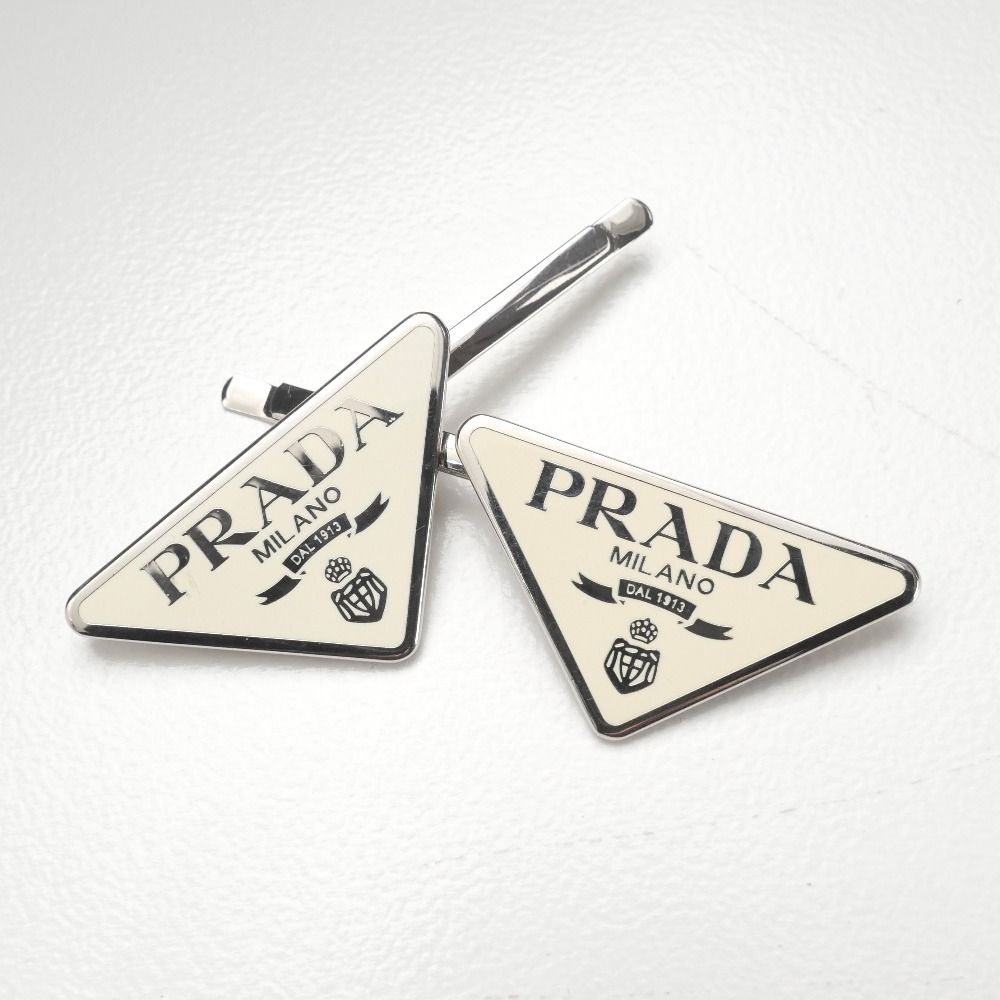Prada Hair Triangle Logo Metal Hairpin Silver Cream Type — view 3