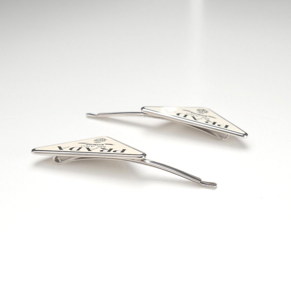 Prada Hair Triangle Logo Metal Hairpin Silver Cream Type — view 5