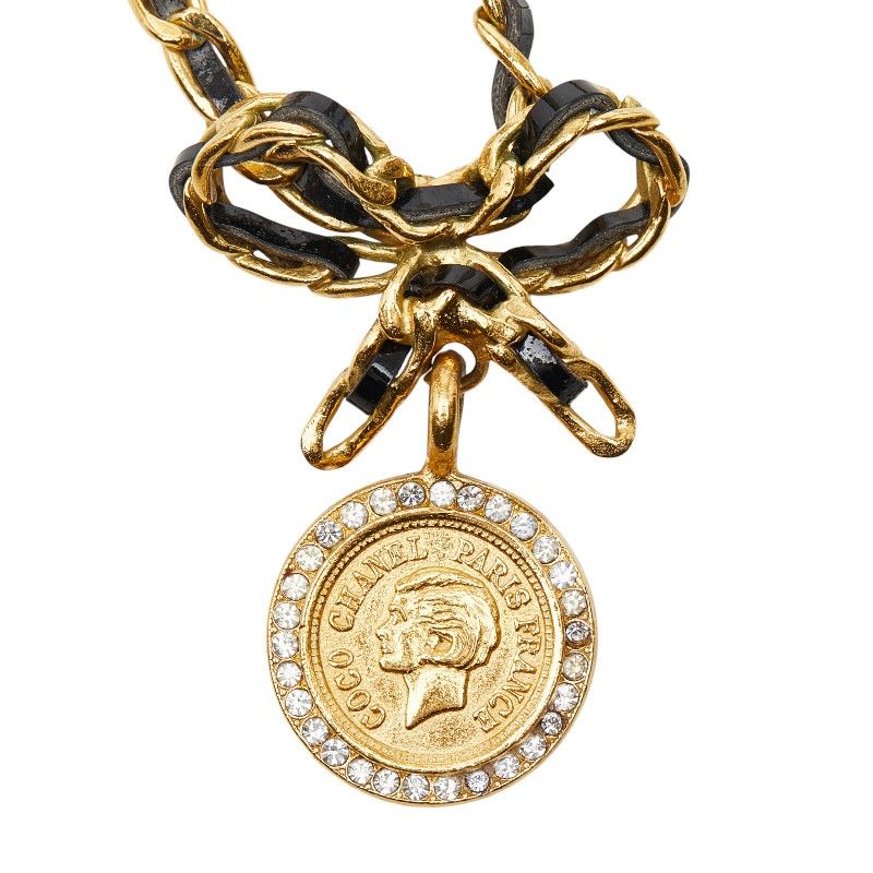 Chanel Vintage Coin Ribbon Gold Black Plated Leather Rhinestone — view 2