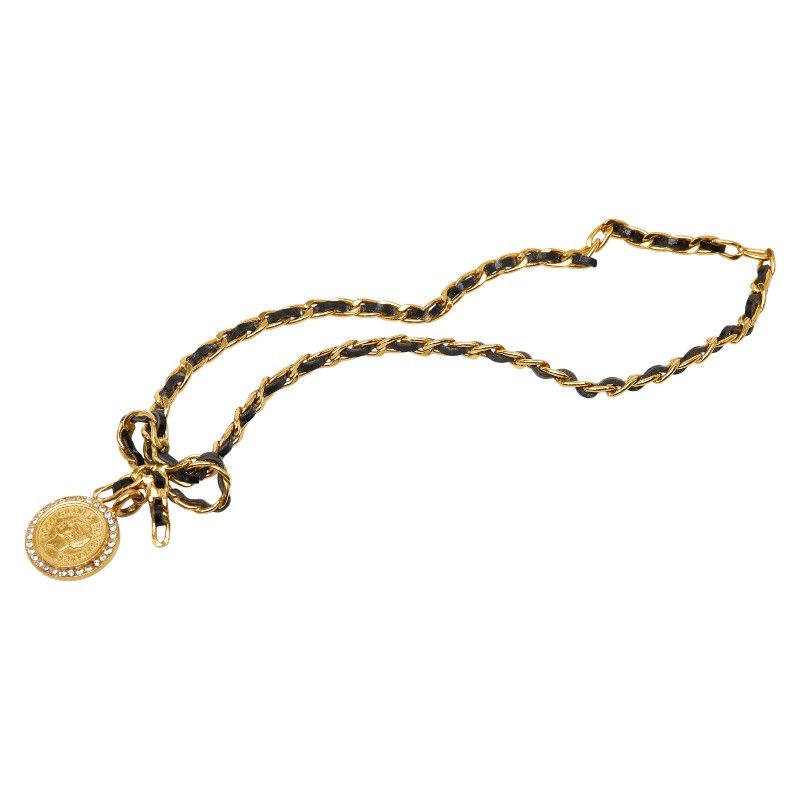 Chanel Vintage Coin Ribbon Gold Black Plated Leather Rhinestone — view 4