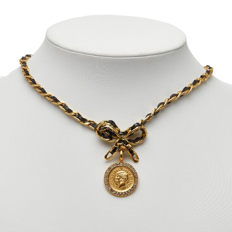 Chanel Vintage Coin Ribbon Gold Black Plated Leather Rhinestone — view 7