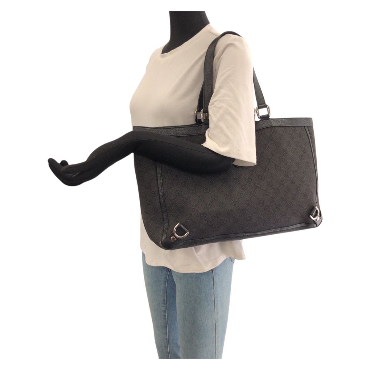 Gucci Abbey Black Silver GG Canvas Leather Tote Shoulder Bag — view 7