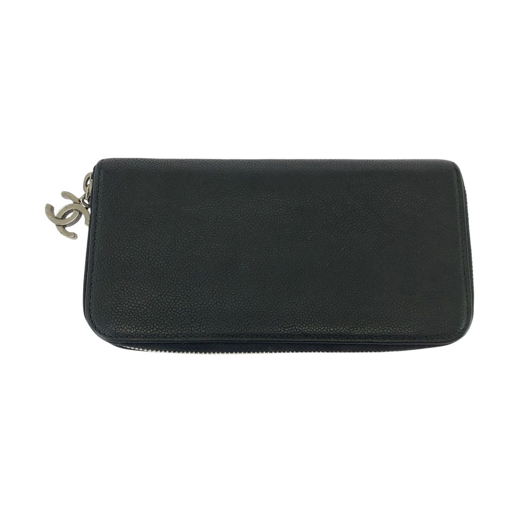 Chanel CC Logo Black Silver Caviar Leather Long Wallet Round Fastener — view 2