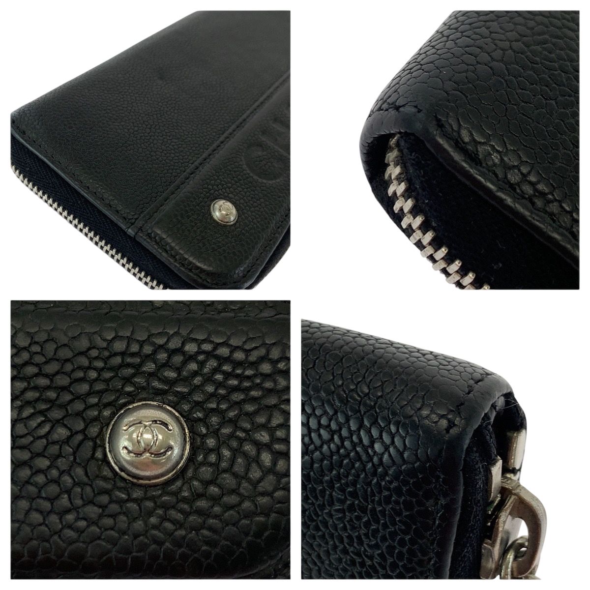 Chanel CC Logo Black Silver Caviar Leather Long Wallet Round Fastener — view 6