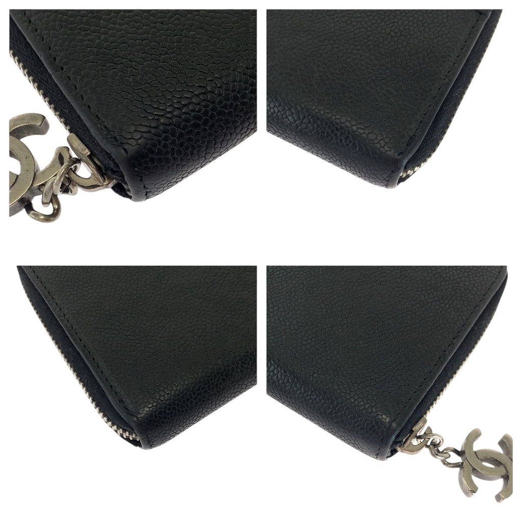Chanel CC Logo Black Silver Caviar Leather Long Wallet Round Fastener — view 4