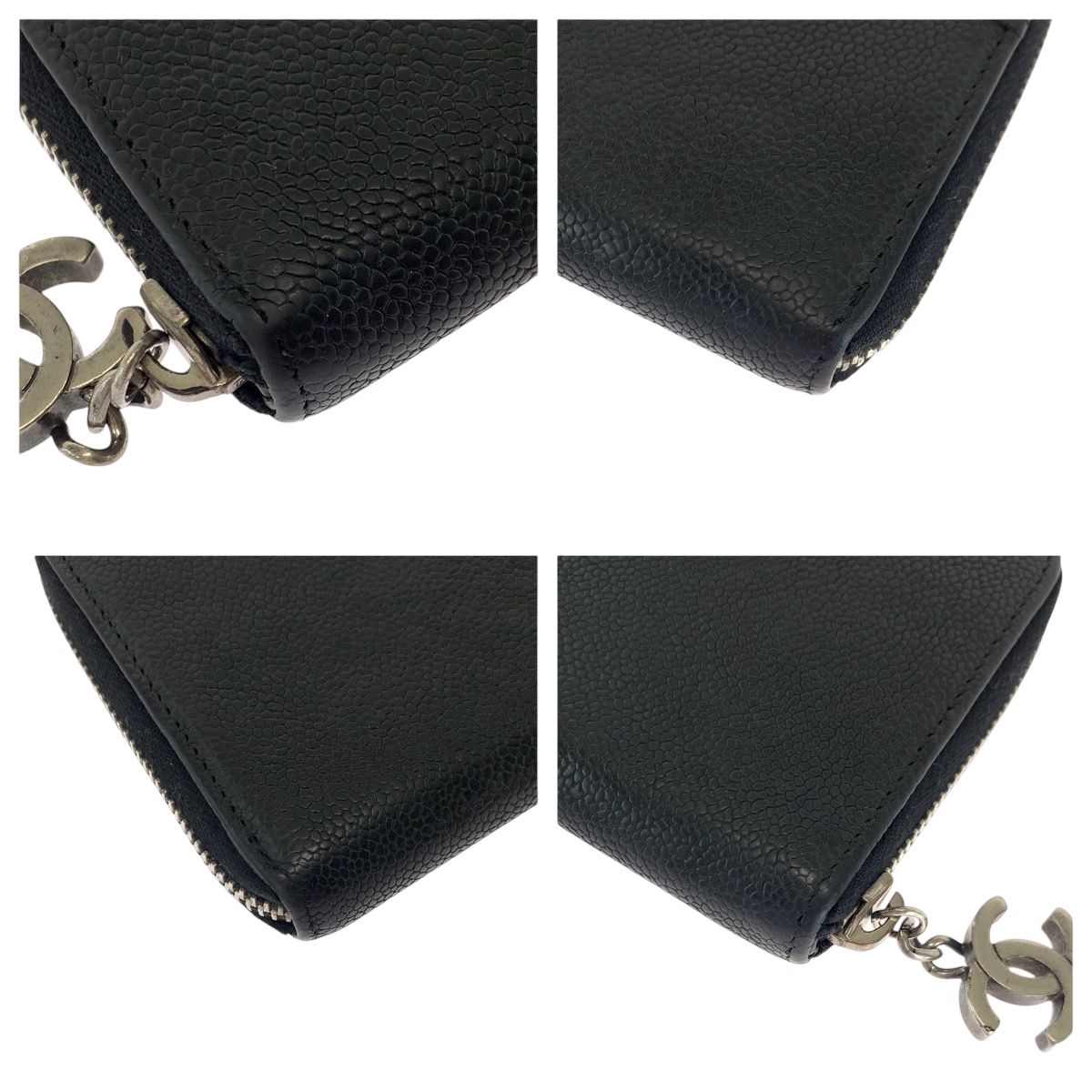 Chanel CC Logo Black Silver Caviar Leather Long Wallet Round Fastener — view 4