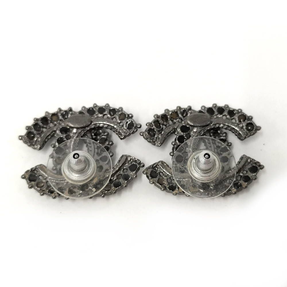 Chanel CC Logo Earrings Rhinestone Silver Plated — view 2