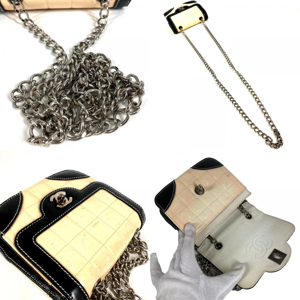 Chanel Shoulder Bag Mini Quilted Choco Bar Patent Leather White — view 8