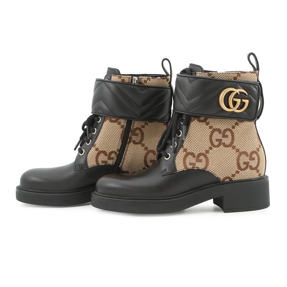 Gucci Boots Jumbo GG Marmont Ankle Canvas Leather 34.5 Beige Black — view 2
