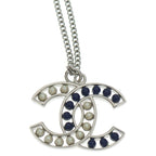 Chanel CC Logo Pearl Pendant Necklace Chain Silver White Navy — view 3
