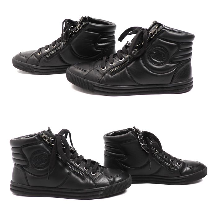 Chanel Leather Chain High Cut Sneakers Black 33 — view 4