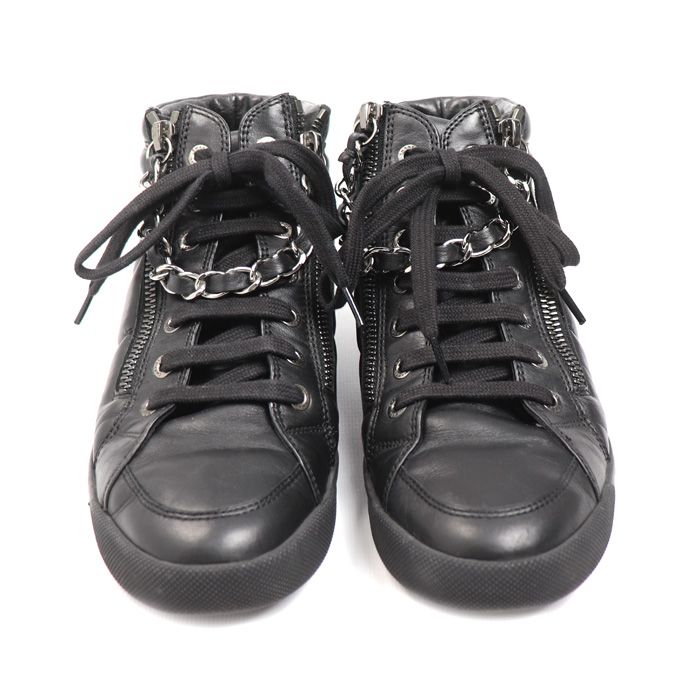 Chanel Leather Chain High Cut Sneakers Black 33 — view 2