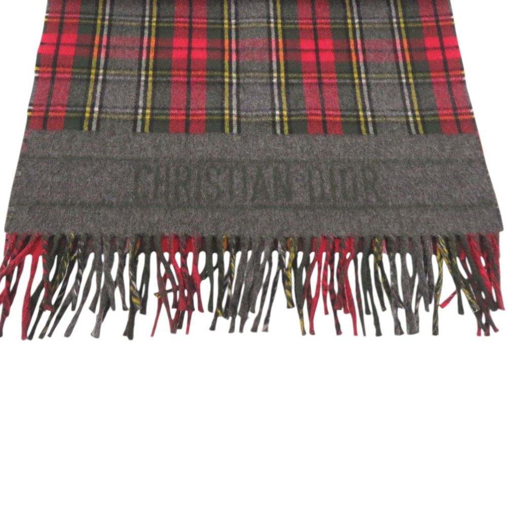 Dior Christian Check Wool Red Large Muffler Shawl Scarf — view 4